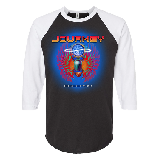 Black and white baseball shirt with colorful 'Journey' logo 