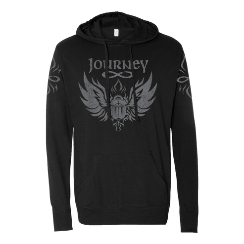 Black hoodie with 'Journey' logo on a white background