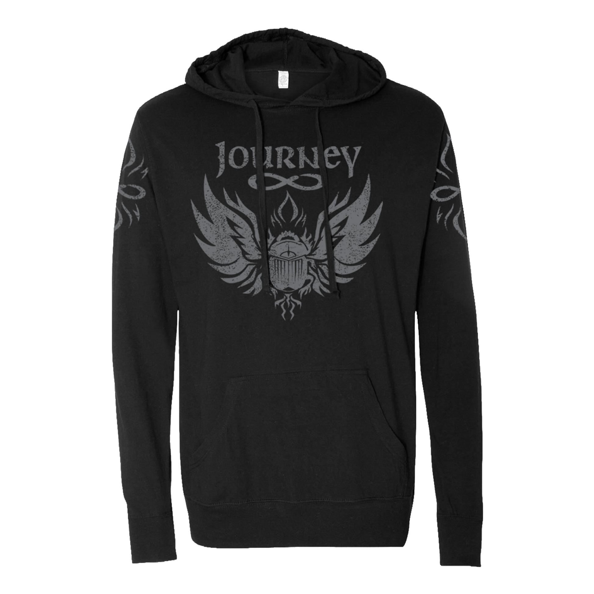 Black hoodie with 'Journey' logo on a white background
